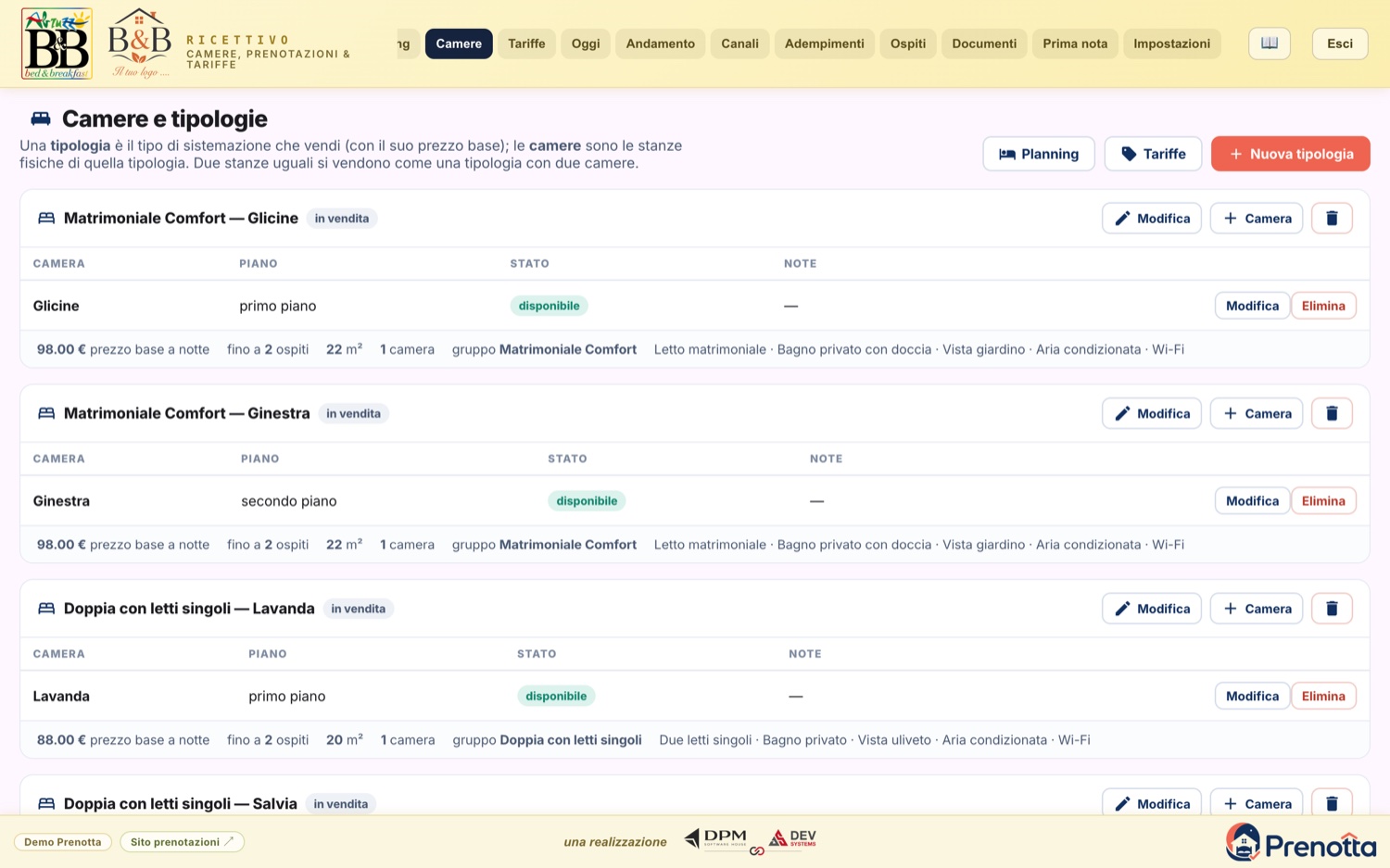 La pagina Camere di Prenotta: le tipologie e le camere